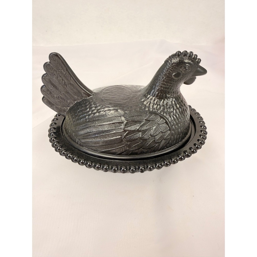 Vintage Painted Black Milk Glass Hen on Nest Covered Beaded Rim Candy Bowl